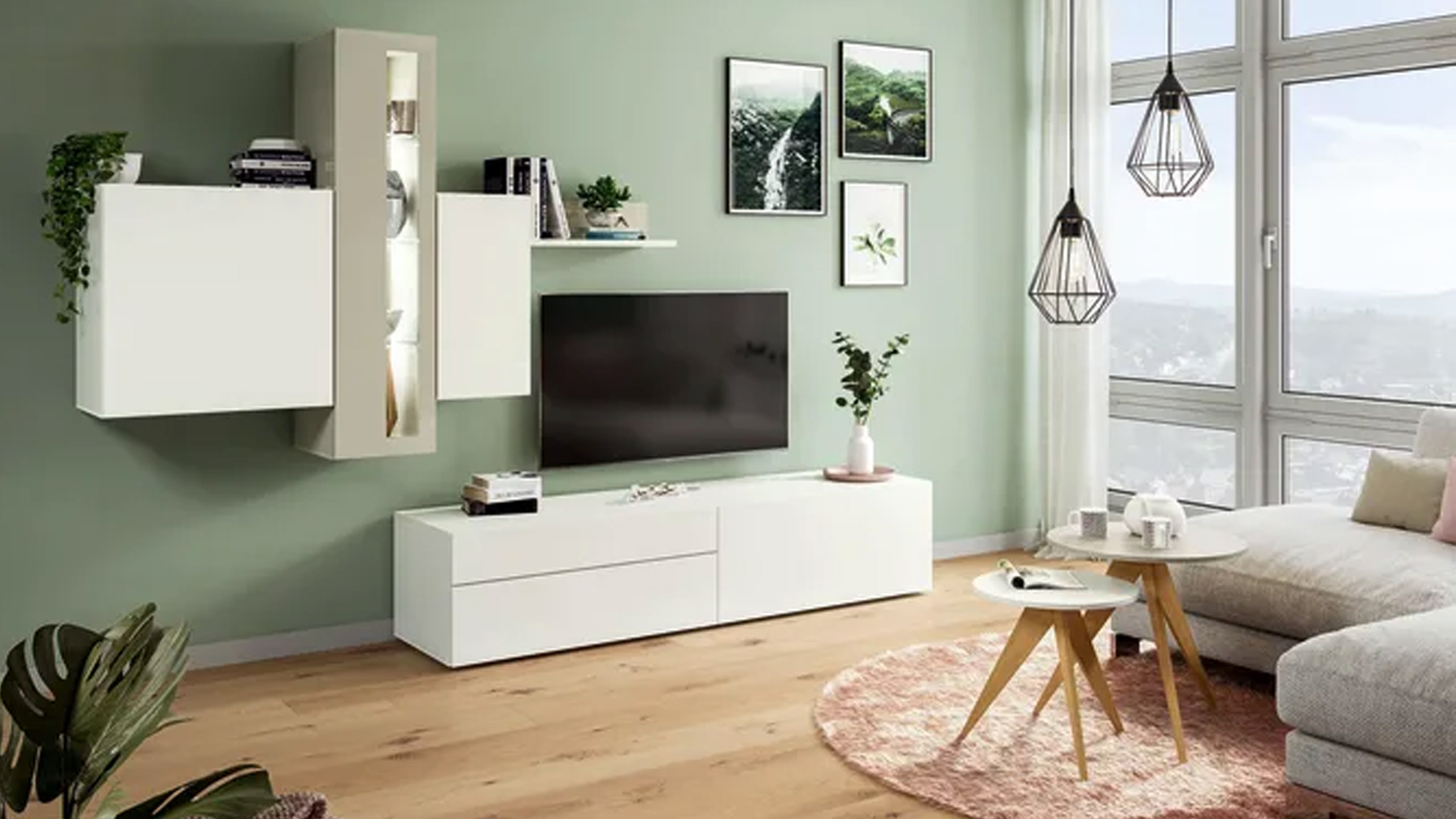 modernes wohnzimmer von hülsta mit der wohnwand vision und wand in mint grün im skandi stil